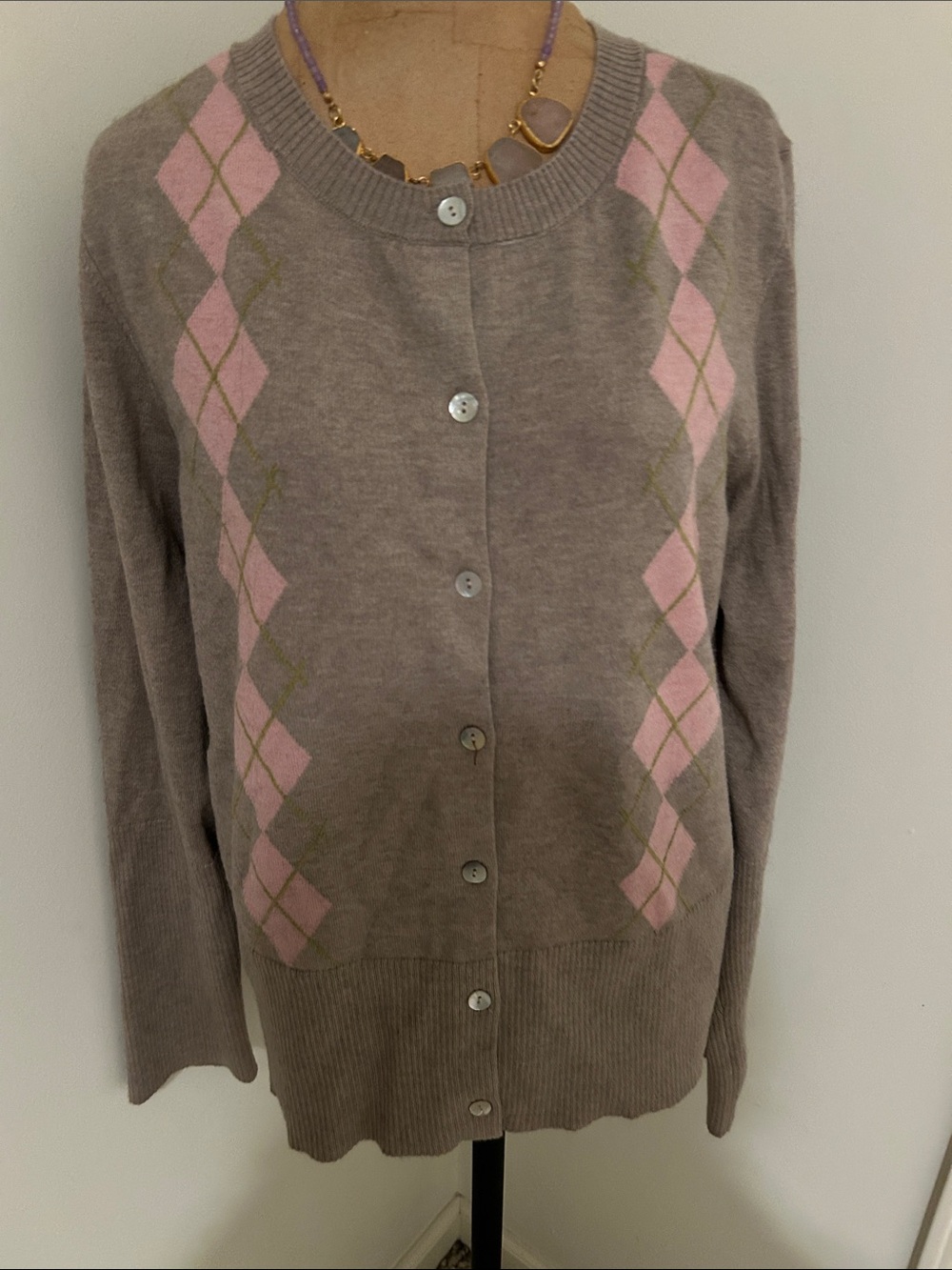 Maeve Women's Pink Argyle Trim Taupe Cardigan Sweater